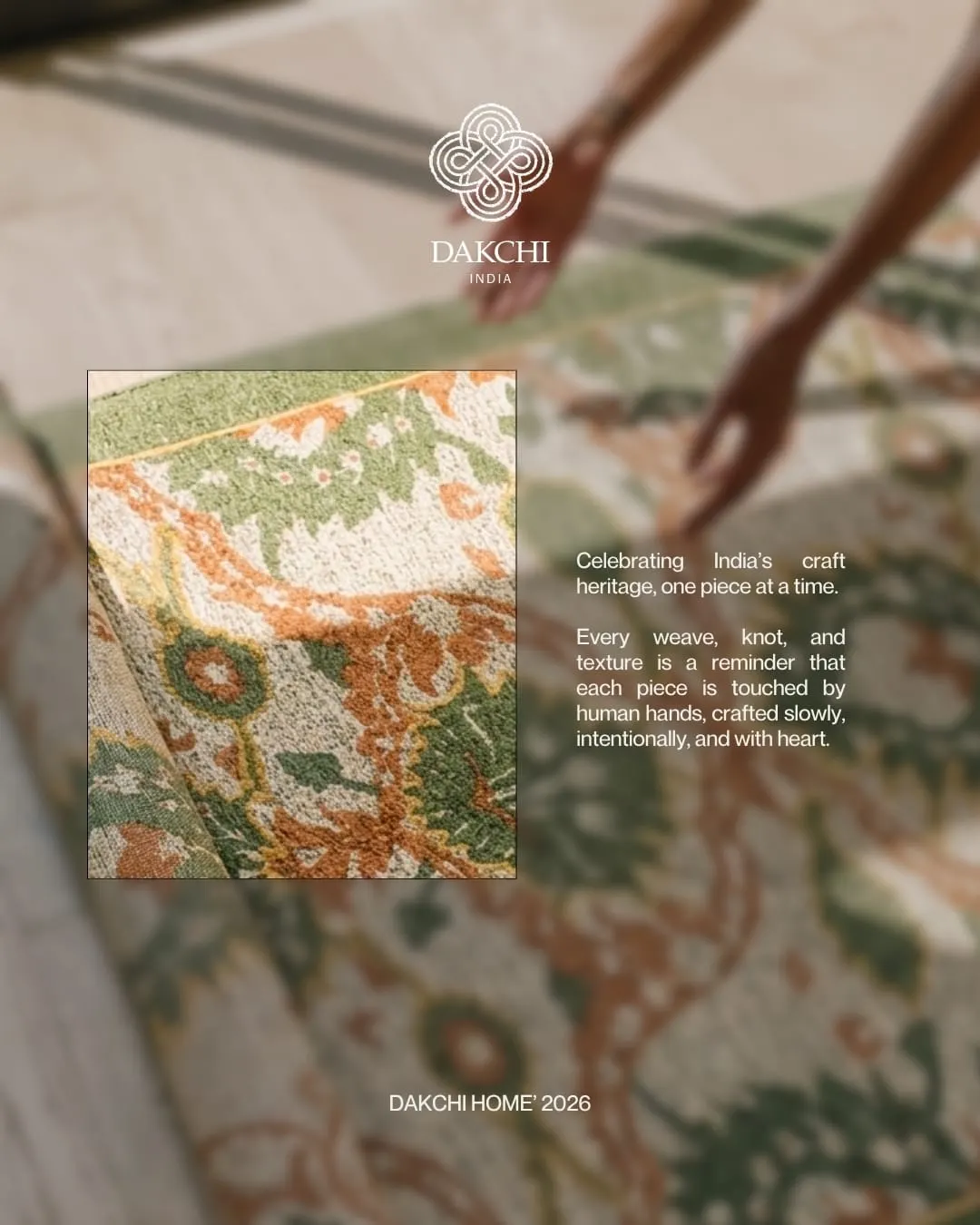 A green and orange floral weave with a hand reaching towards it and the Dakchi emblem. Text reads Dakchi Home 2026.